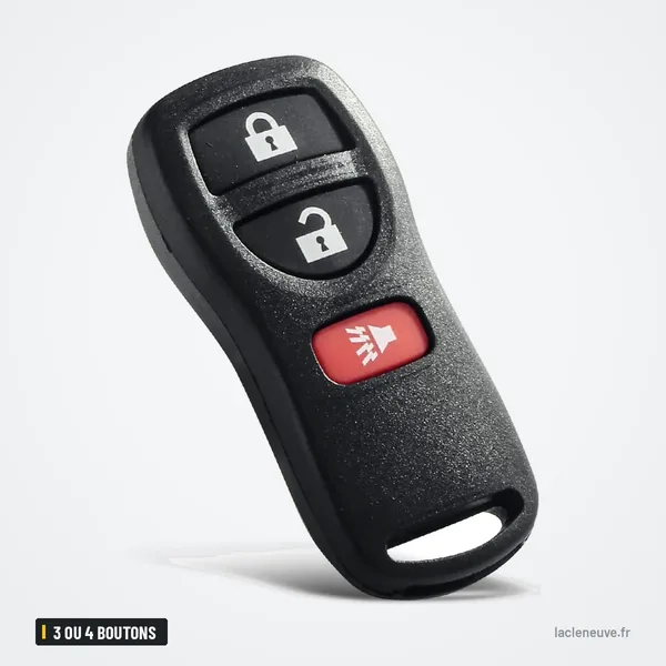 Coque de clé 3 ou 4 boutons pour Nissan Altima, Maxima, 350Z, Armada - vue de face inclinée, trois boutons