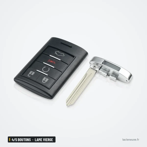Coque de clé 4/5 boutons pour Cadillac STS, CTS, XTS, lame vierge - vue de trois quarts, lame déployée