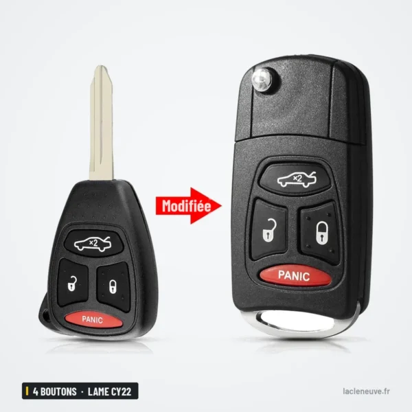 Coque de clé 4 boutons pour Chrysler 300, Dodge Durango, RAM, Jeep, lame CY22 - comparaison avant et après transformation
