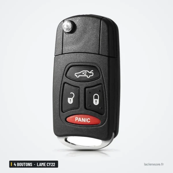 Coque de clé 4 boutons pour Chrysler 300, Dodge Durango, RAM, Jeep, lame CY22 - clé dépliée, vue de face