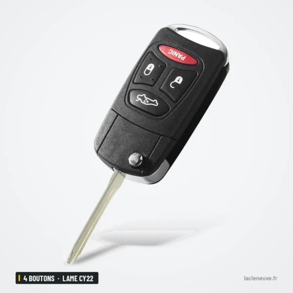 Coque de clé 4 boutons pour Chrysler 300, Dodge Durango, RAM, Jeep, lame CY22 - lame déployée, vue de face