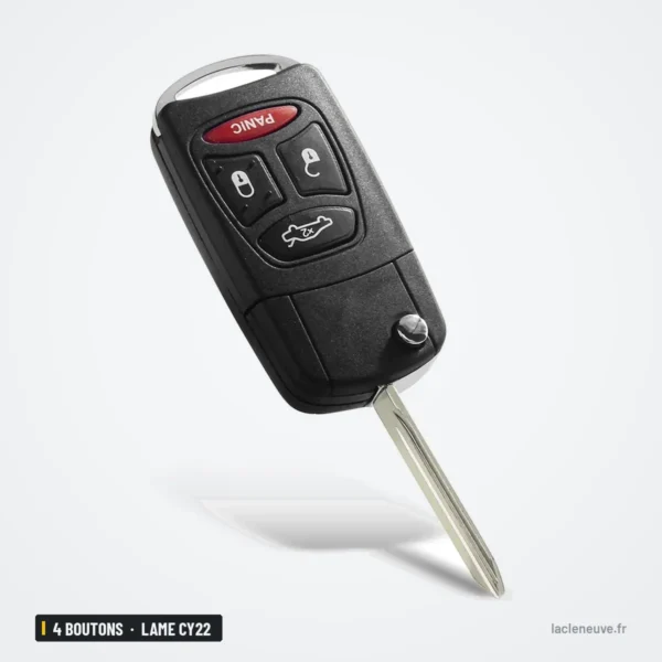 Coque de clé 4 boutons pour Chrysler 300, Dodge Durango, RAM, Jeep, lame CY22 - lame déployée, vue de profil