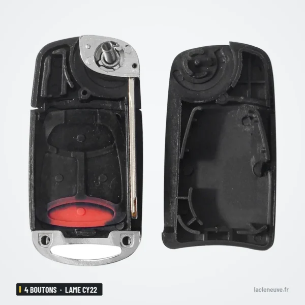 Coque de clé 4 boutons pour Chrysler 300, Dodge Durango, RAM, Jeep, lame CY22 - coque ouverte, mécanisme interne visible