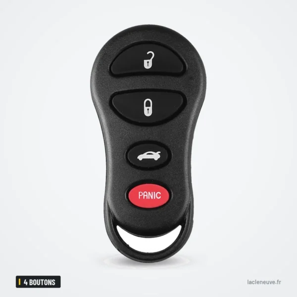 Coque de clé 4 boutons pour Chrysler Cruiser, Dodge Ram, Dakota, Jeep Cherokee - vue de face, boutons alignés verticalement