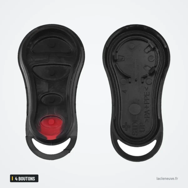 Coque de clé 4 boutons pour Chrysler Cruiser, Dodge Ram, Dakota - intérieur ouvert, bouton panique rouge et dos
