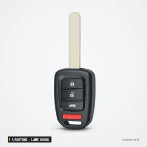 Coque de clé 4 boutons pour Honda Civic, CR-V, City, lame HON66 vierge - vue de face, lame droite vers le haut