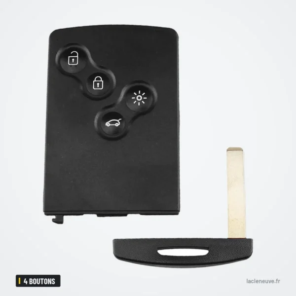 Coque de clé 4 boutons pour Renault Laguna, Koleos, Mégane - dos de la carte, lame sortie