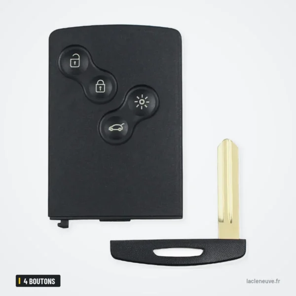 Coque de clé 4 boutons pour Renault Laguna, Koleos, Mégane - carte avec lame sortie, autre angle