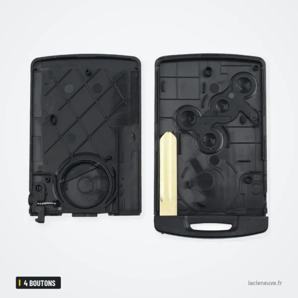 Coque de clé 4 boutons pour Renault Laguna, Koleos, Mégane - carte ouverte, mécanisme interne visible