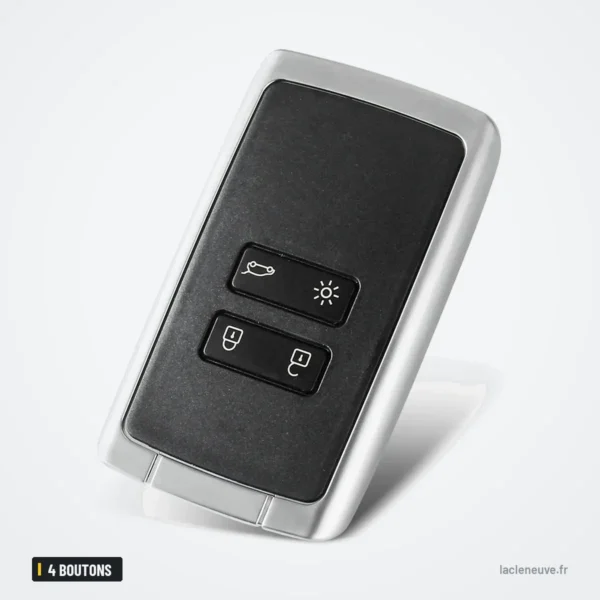 Coque de clé 4 boutons pour Renault Megane 4, Espace 5, Kadjar - vue de face, finition argentée