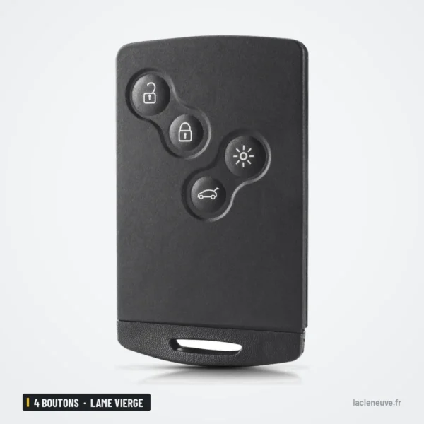 Coque de clé 4 boutons pour Renault Megane, Koleos, Clio, Captur, lame vierge - vue de face, boutons de commande visibles