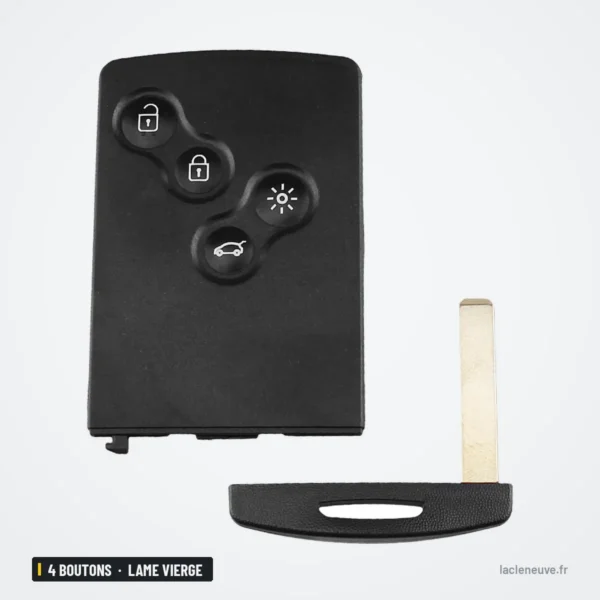 Coque de clé 4 boutons pour Renault Megane, Koleos, Clio, Captur, lame vierge - vue de face avec lame insérée à côté