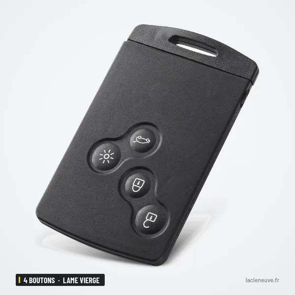 Coque de clé 4 boutons pour Renault Megane, Koleos, Clio, Captur, lame vierge - vue de dos inclinée, boutons visibles