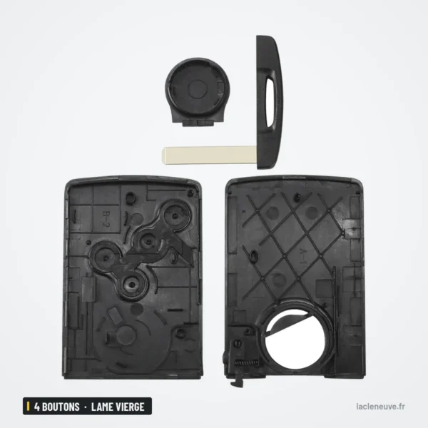 Coque de clé 4 boutons pour Renault Megane, Koleos, Clio, Captur, lame vierge - coque ouverte, mécanisme et lame apparents