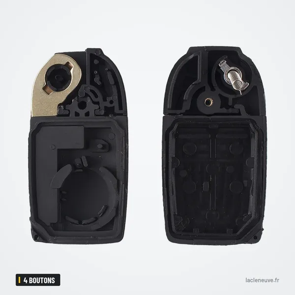 Coque de clé 4 boutons pour Volvo XC90, XC70, V70, S60 - deux coques ouvertes, mécanisme intérieur visible