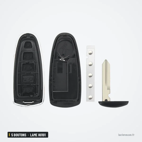 Coque de clé 5 boutons pour Ford Explorer, Flex, Taurus, lame HU101 ou FO38 - coque ouverte avec lame et bande de piles