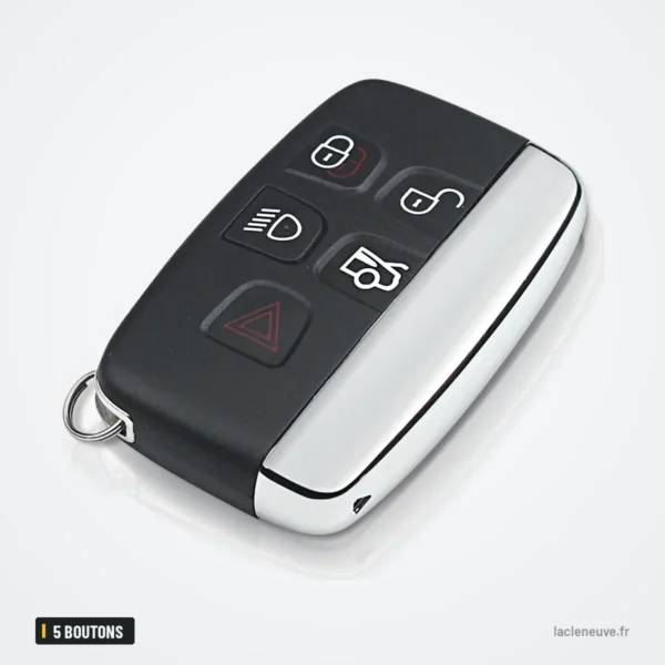 Coque de clé 5 boutons pour Land Rover Discovery 4, Range Rover, Jaguar XE, XF - vue de face, forme arrondie et bouton rouge