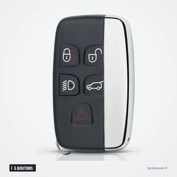 Coque de clé 5 boutons pour Land Rover Range Rover, Evoque, Discovery - vue de face, boutons noir et chrome