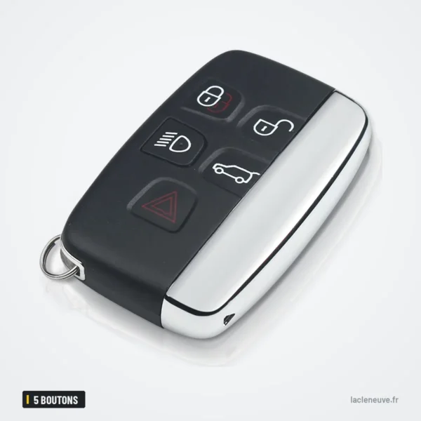 Coque de clé 5 boutons pour Land Rover Range Rover, Evoque, Discovery - vue de trois quarts, finition chromée