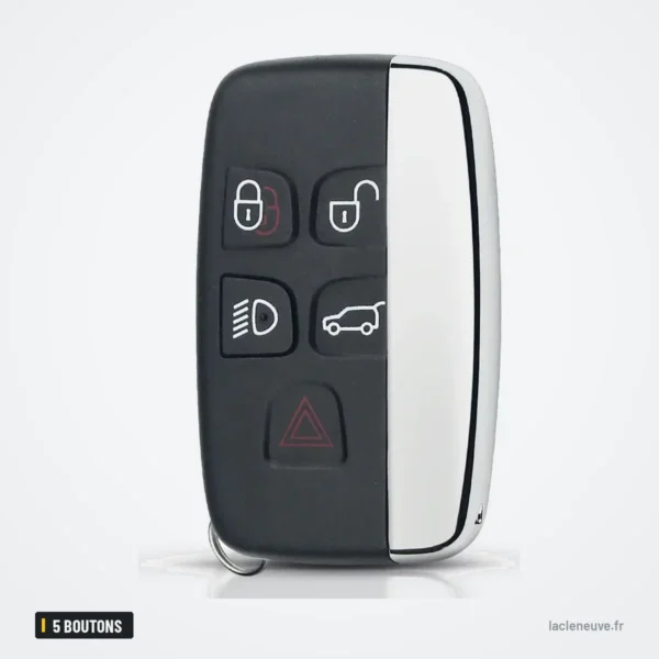 Coque de clé 5 boutons pour Land Rover Range Rover Sport, Evoque, LR4 - vue de face, bouton alarme rouge visible