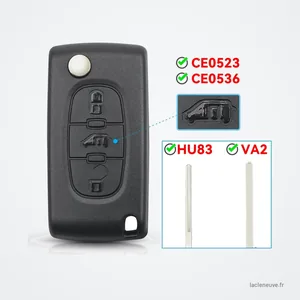 Coque de clé pour Fiat Scudo, Peugeot Partner, Expert, Citroën Berlingo - vue de face, repères de compatibilité lame et coque Coque de clé pour Fiat Scudo, Peugeot Partner, Expert, Citroën Berlingo - vue de face, repères de compatibilité lame et coque