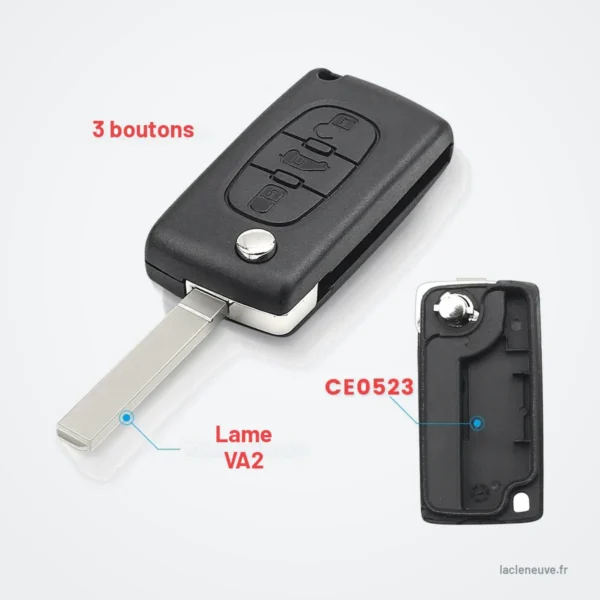 Coque de clé pour Fiat Scudo, Peugeot Partner, Expert, Citroën Berlingo - vue de face, lame extraite à côté du boîtier