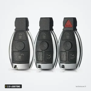 Coque de clé intelligente 2 à 4 boutons pour BMW, Mercedes-Benz Classe S - trois coques identiques alignées, vue de face Coque de clé intelligente 2 à 4 boutons pour BMW, Mercedes-Benz Classe S - trois coques identiques alignées, vue de face