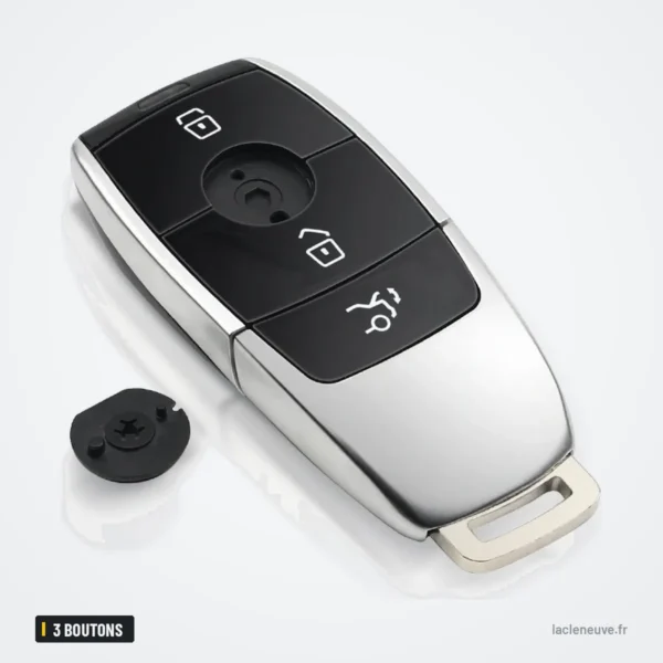 Coque de clé intelligente 3 boutons pour Mercedes Classe A, C, E, S, G - vue de trois quarts, capuchon détaché