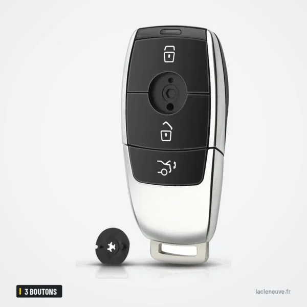 Coque de clé intelligente 3 boutons pour Mercedes Classe A, C, E, S, G - vue inclinée, capuchon détaché à gauche