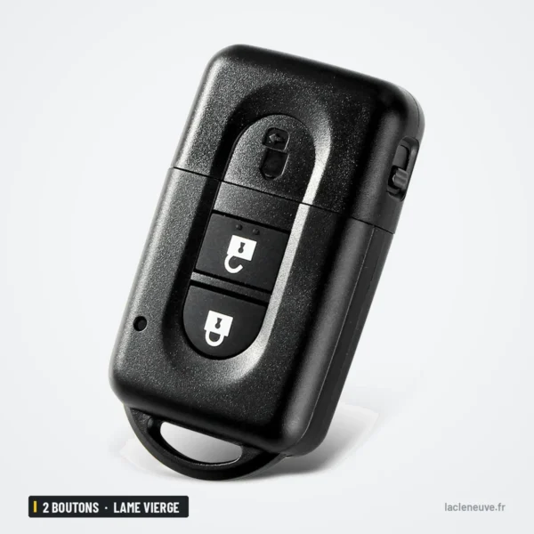 Coque de clé à lame 2 boutons pour Nissan Micra, Qashqai, Juke, lame vierge - vue de profil, boîtier incliné