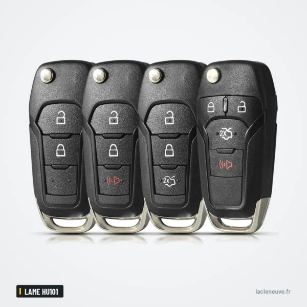 Coque de clé à lame pour Ford Focus, Fiesta, Mondeo, Kuga, lame HU101 - quatre coques alignées, vue de face