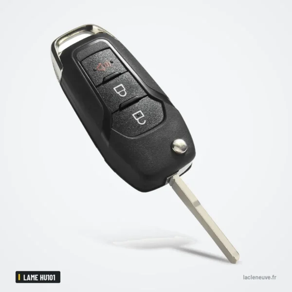 Coque de clé à lame pour Ford Focus, Fiesta, Mondeo, Kuga, lame HU101 - vue de face inclinée, boutons visibles