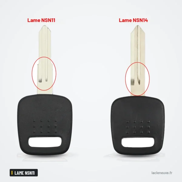 Coque de clé à lame pour Nissan A32, A33, Versa, Sylphy, lame NSN11 ou NSN14 - comparaison de deux lames différentes annotées