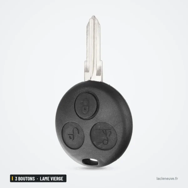 Coque de clé à lame vierge 3 boutons pour Smart Fortwo, Forfour, Roadster - vue inclinée, lame insérée, trois boutons
