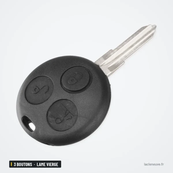 Coque de clé à lame vierge 3 boutons pour Smart Fortwo, Forfour, Roadster - vue de face, lame dressée vers le haut