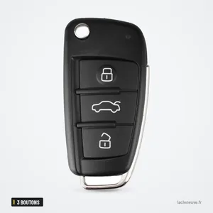 Coque de clé pliable 3 boutons pour Audi A3, A4, A6, Q7, TT - vue de face, lame repliée, trois boutons