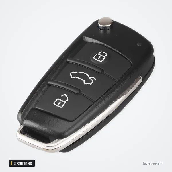 Coque de clé pliable 3 boutons pour Audi A3, A4, A6, Q7, TT - vue de face, contour arrondi, trois boutons