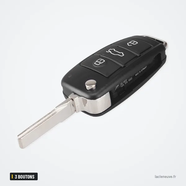 Coque de clé pliable 3 boutons pour Audi A3, A4, A6, Q7, TT - lame dépliée vue de profil