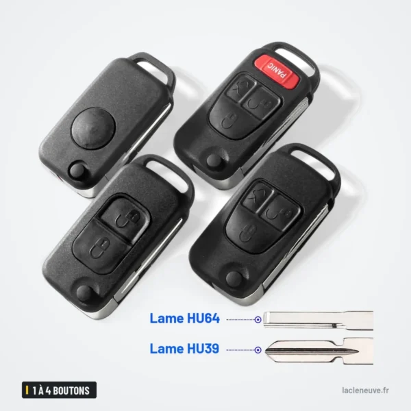 Coque de clé pliante 1 à 4 boutons pour Mercedes-Benz Classe C, E, S, ML - quatre clés assemblées côte à côte