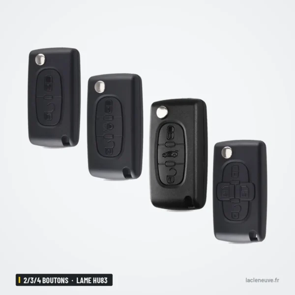 Coque de clé pliante 2/3/4 boutons pour Fiat Scudo, Lancia Phedra, lame HU83 - quatre tailles de coques alignées côte à côte