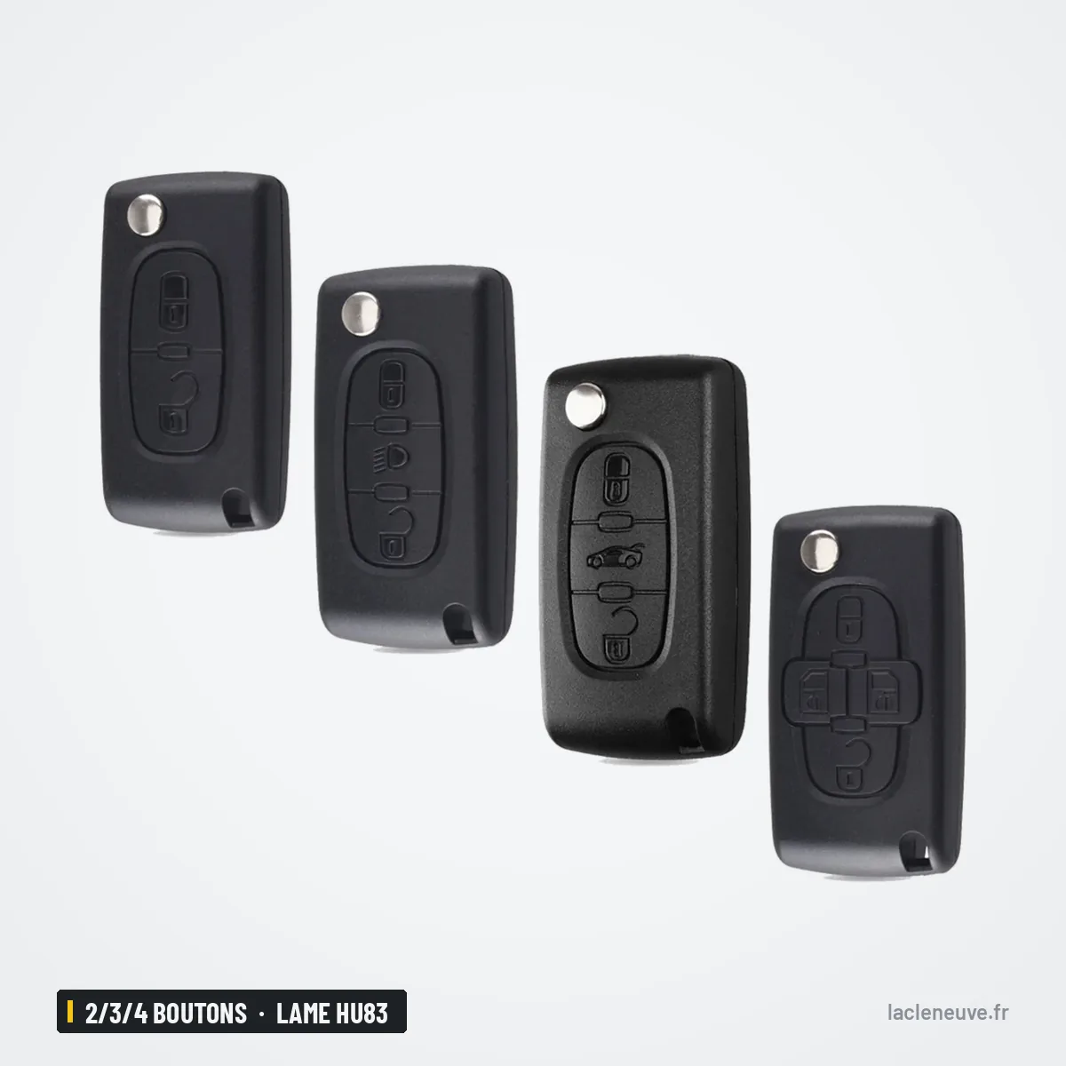 Coque de clé pliante 2/3/4 boutons pour Fiat Scudo, Lancia Phedra, lame HU83 - quatre tailles de coques alignées côte à côte