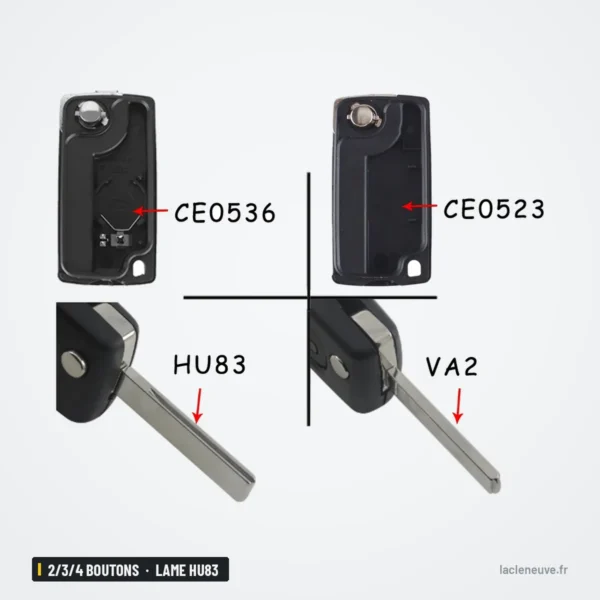 Coque de clé pliante 2/3/4 boutons pour Fiat Scudo, Lancia Phedra, lame HU83 - deux lames comparées avec repères gravés