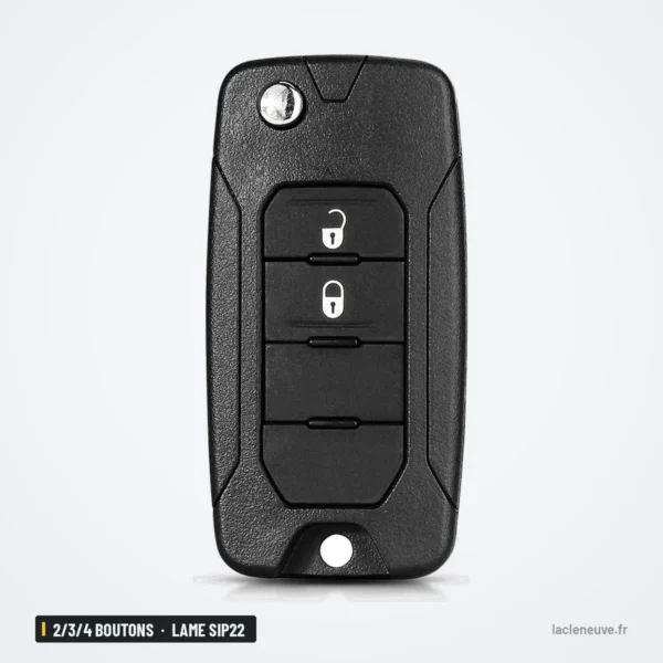 Coque de clé pliante 2/3/4 boutons pour Jeep Wrangler, Renegade, lame SIP22 - coque à deux boutons, vue de face