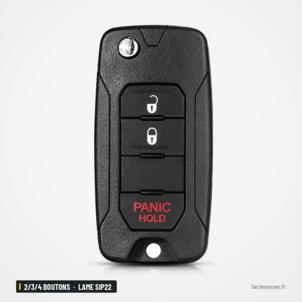 Coque de clé pliante 2/3/4 boutons pour Jeep Wrangler, Renegade, lame SIP22 - coque à trois boutons, vue de face