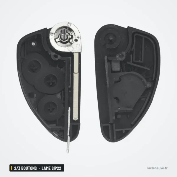 Coque de clé pliante 2/3 boutons pour Alfa Romeo 147, 156, 166, GT, lame SIP22 - coque ouverte montrant le mécanisme de lame