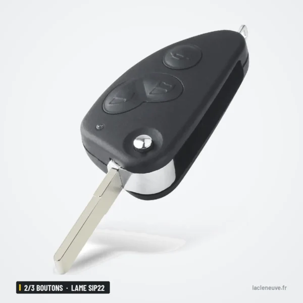 Coque de clé pliante 2/3 boutons pour Alfa Romeo 147, 156, 166, lame SIP22 - vue de profil, lame dépliée