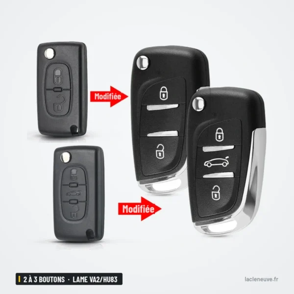 Coque de clé pliante 2 à 3 boutons pour Citroën C3, C4, lame VA2/HU83 - avant et après transformation, trois versions
