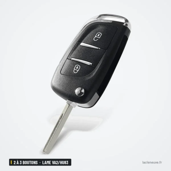 Coque de clé pliante 2 à 3 boutons pour Citroën C3, C4, lame VA2/HU83 - vue de face, lame droite déployée