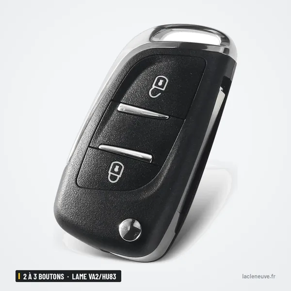 Coque de clé pliante 2 à 3 boutons pour Citroën C3, C4, lame VA2/HU83 - vue de trois quarts, lame déployée