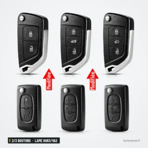 Coque de clé pliante 2/3 boutons pour Citroën C4, Peugeot 307, lame HU83/VA2 - six coques alignées en deux rangées